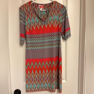 Donna Morgan multi colored & patterned midi dress in size 2.